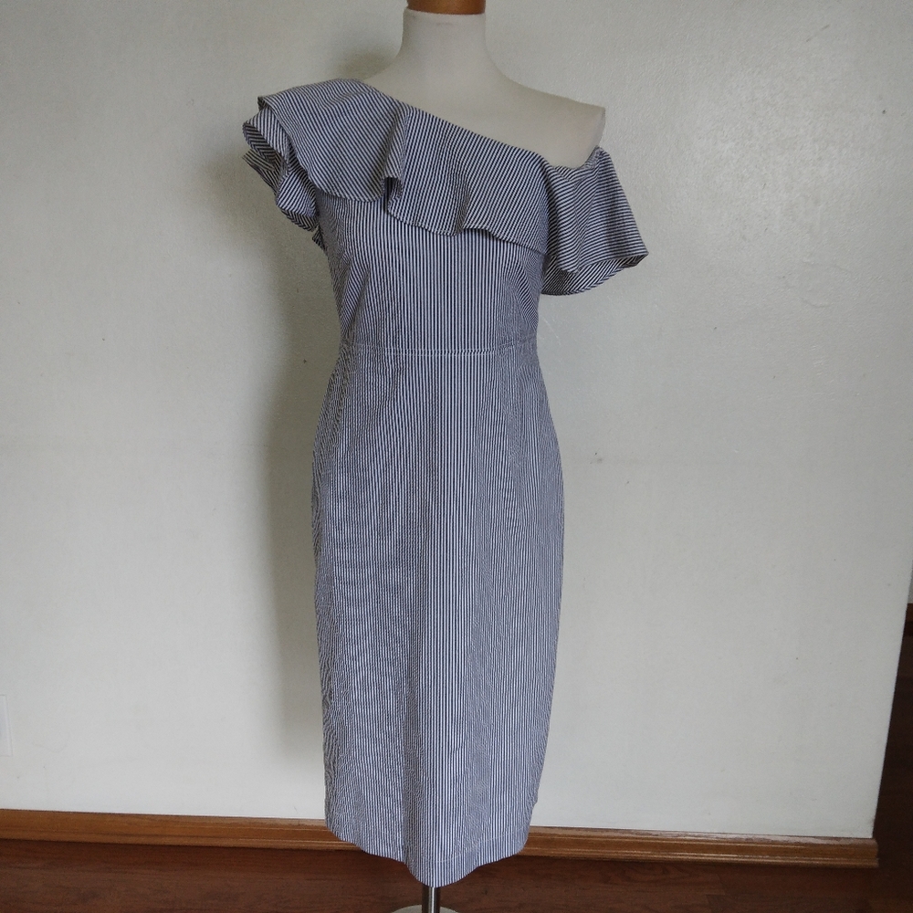 0) Banana Republic Seersucker Ruffle Off Shoulder Striped Dress